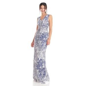 J S Collection Maddison French Blue Floral Print V-Neck Maxi Dress NWOT